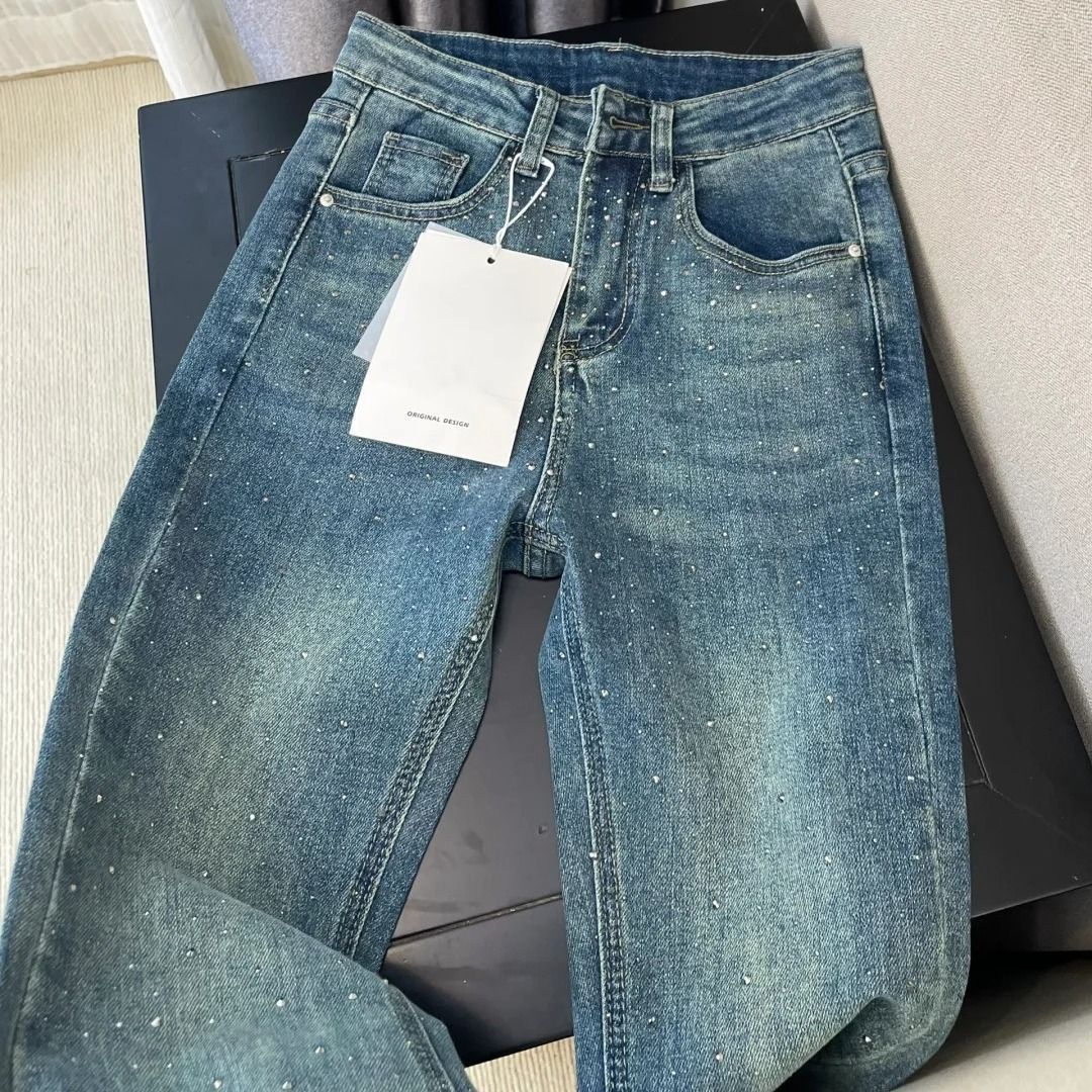Y2K Retro Rhinestone High-Waisted Jeans For Women – Straight Leg Loose Fit Denim Pants With Crystal Accents (Bluish) – Sizes S/M/L/XL/XXL_mkmklike.com