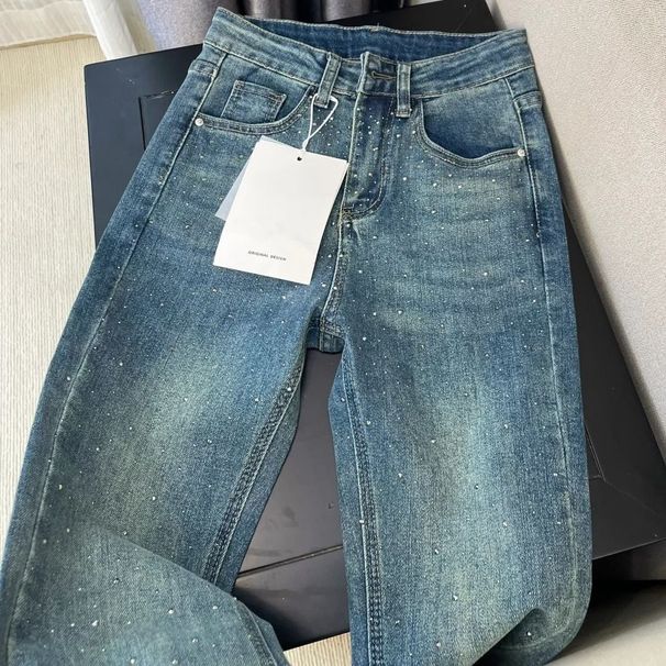 Y2K Retro Rhinestone High-Waisted Jeans For Women – Straight Leg Loose Fit Denim Pants With Crystal Accents (Bluish) – Sizes S/M/L/XL/XXL_mkmklike.com
