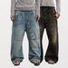 Men's Unique off the Shoulder Slanted Placket Button down Jeans Distressed Washed Loose Wide Leg Straight Leg Floor Length Trousers_mkmklike.com