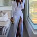 Women's white wide shoulder waist high slit fashion dress_mkmklike.com