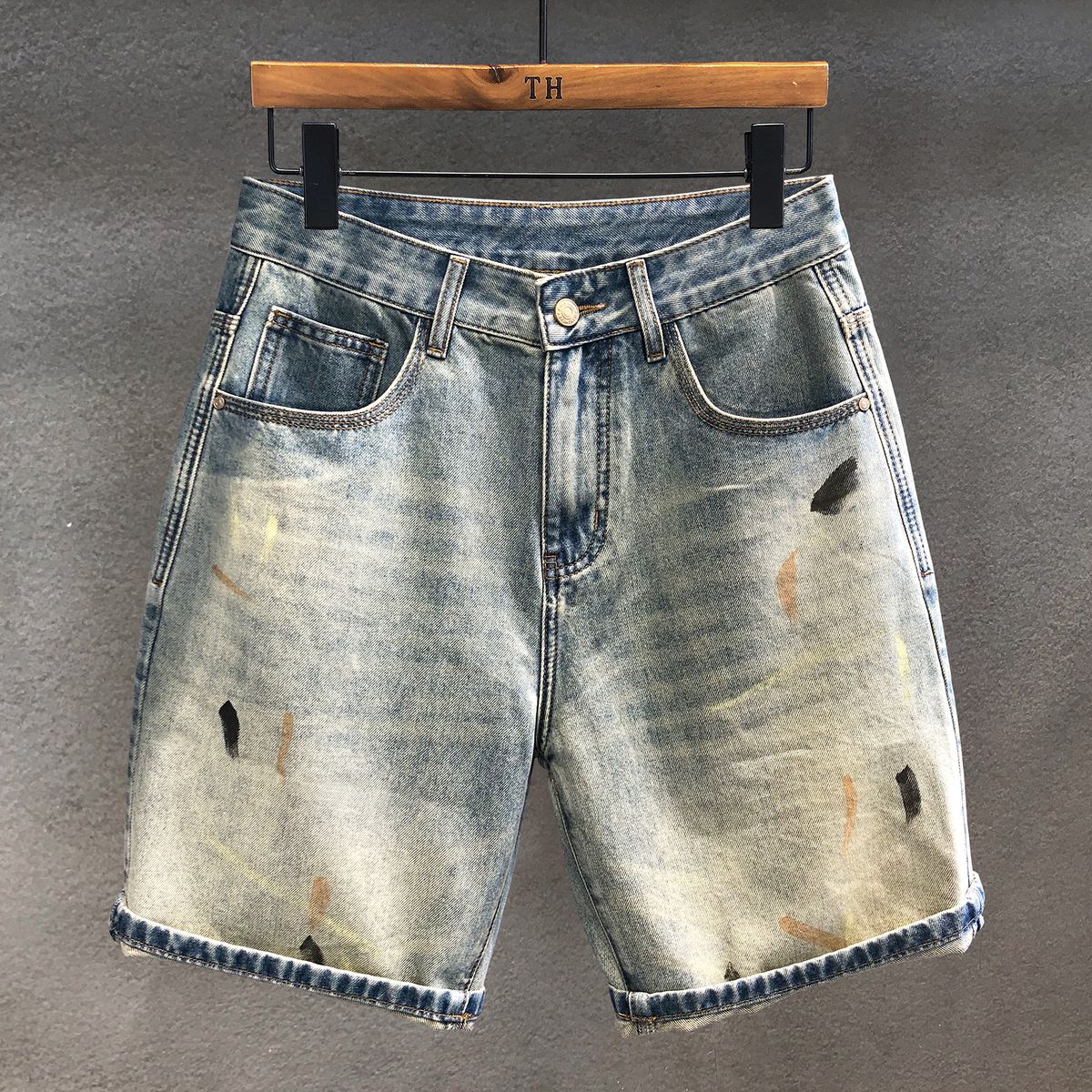 Men’s Relaxed Fit Denim Shorts – Vintage Washed, Graffiti-Inspired, Straight-Leg (Sizes 28-38, Cotton Blend, Mid-Thigh, Casual Summer Style)_mkmklike.com