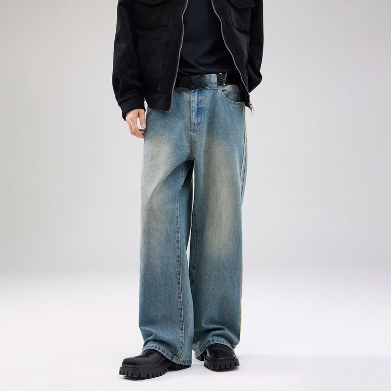 Vintage Washed Denim Jeans For Men - Relaxed Fit Straight Leg Retro Loose Trousers, Classic American Street Style, Comfortable Cotton Casual Pants_mkmklike.com