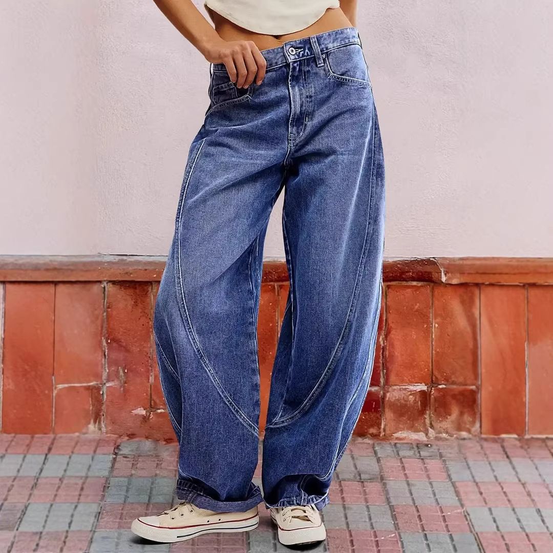 Women's Straight Leg Jeans European American Style Topstitching Street Style Loose Wide Leg Trousers For Women_mkmklike.com