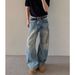 Men's Trendy Loose Straight Leg Jeans High Street Style Vibe American Retro Washed Distressed Curved Trousers_mkmklike.com
