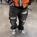 Men's Clothing Men's Loose Fit Ripped Patchwork Black Straight Leg Jeans Heavy Washed Autumn Winter Street Style Loose Fit Pants_mkmklike.com