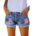 Distressed Denim Shorts Women's High Waisted Straight Leg Ripped Fringe Summer Casual Shorts With Flag Patch & Letter Print_mkmklike.com
