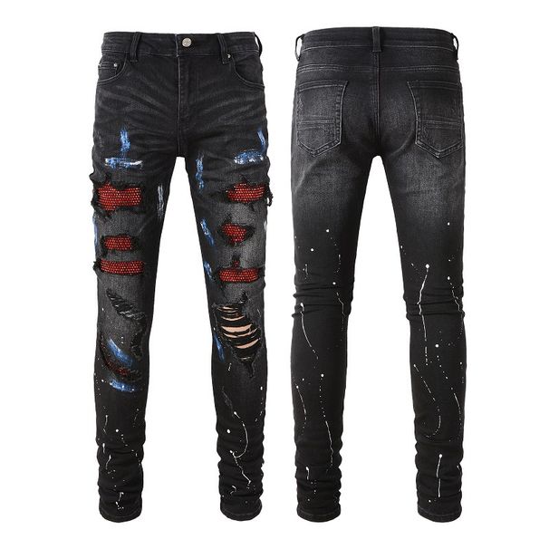 High Street Trendy Men's Jeans Hot Diamond Black Ripped Patch Jeans Stretch Men's Trendy Men's Pants_mkmklike.com