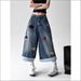 Women's Clothing Women's Distressed Puppy Embroidered Denim Shorts Retro Wide Leg Capri Pants Loose Fit For Spring And Autumn_mkmklike.com