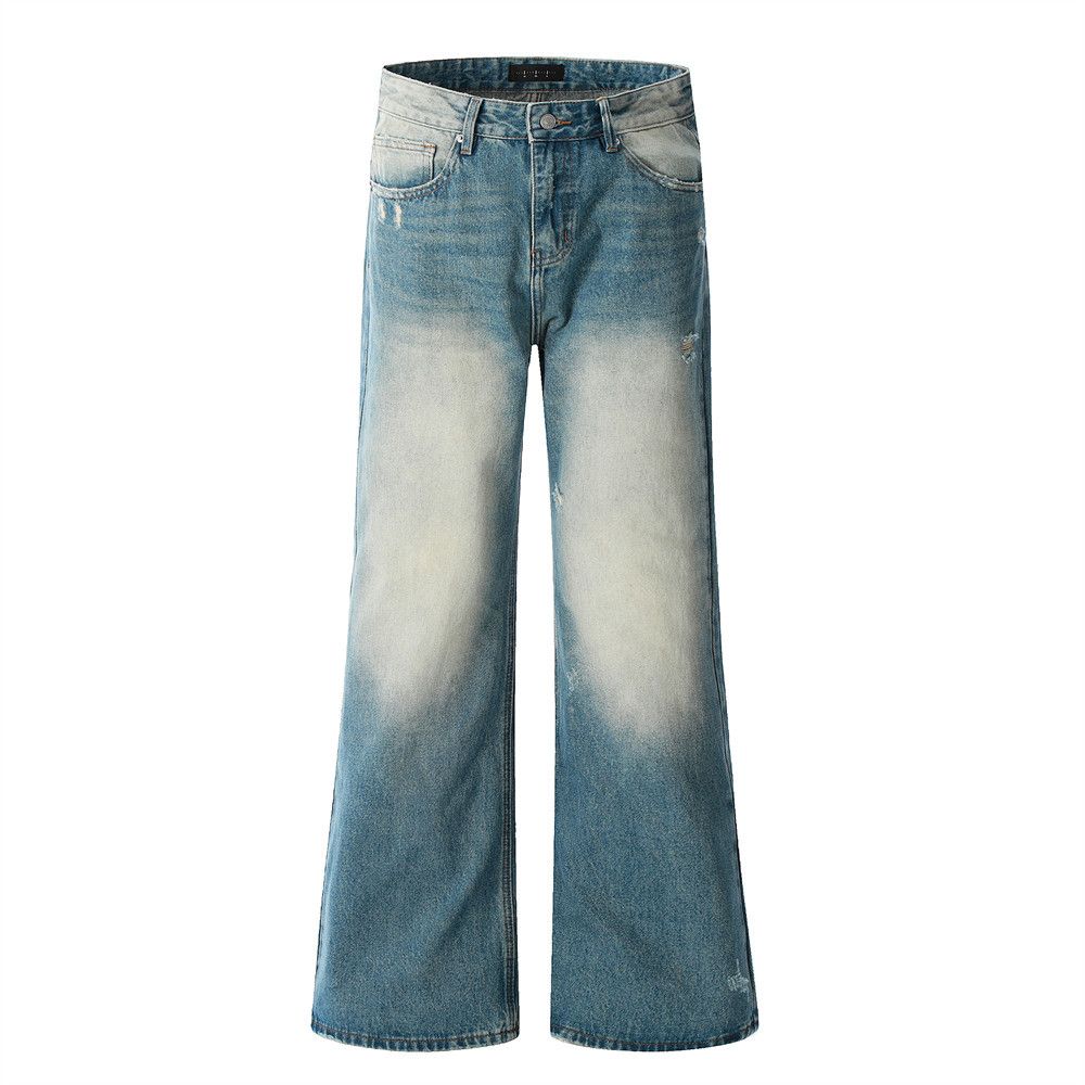 Punk Washed Color-Block Jeans Men's Slightly Vibe Style Distressed Loose Wide-Leg Flared Long Pants_mkmklike.com