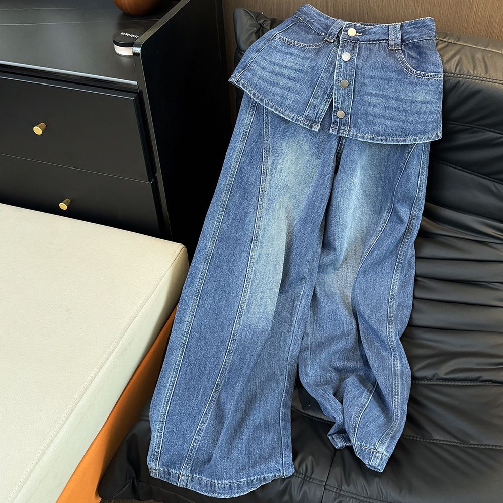 Korean Style Faux Two Piece Culottes High Waisted Straight Leg Loose Fitting Slimming Wide Leg Denim Trousers for Women Summer Trendy Design_mkmklike.com