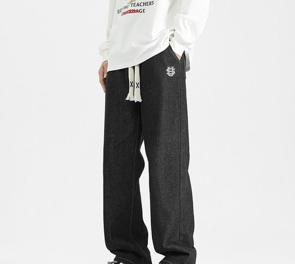 Men's Clothing Straight Leg Jeans, Spring Versatile Loose American High Street Casual US Embroidered Trousers_mkmklike.com