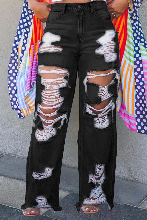 Trendy Distressed Ripped Jeans For Women - High Waist Straight Leg Denim Pants With Floral Embroidery - Comfortable Stretch Fabric_mkmklike.com