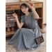 2025 Spring New French High Waist Look Thin And Tall Denim Hooded Round Neck Short Sleeved Dress For Women_mkmklike.com