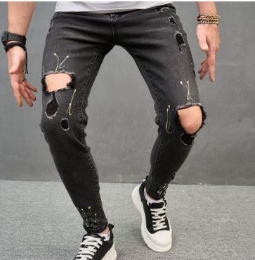 Men's Ripped Patch Jeans Stretch Pants_mkmklike.com