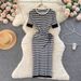 Women's Clothing Light and mature sister style round neck, slim pleated striped dress_mkmklike.com