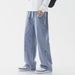 Men's Clothing style drawstring light color jeans men's elastic waist loose straight floor length pants wide leg casual long pants men_mkmklike.com