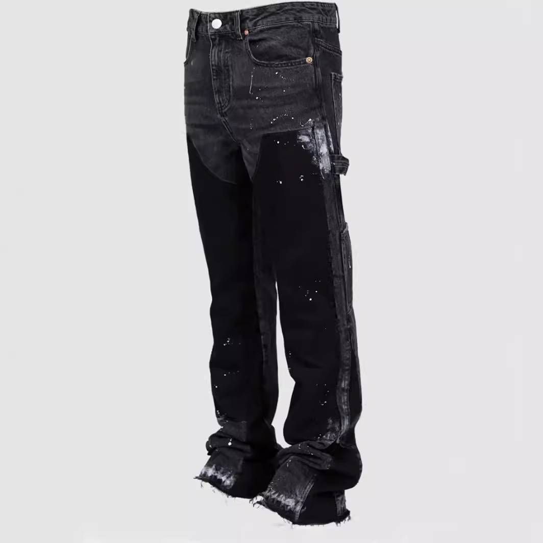 Men's Clothing Men's Denim Workwear Pants, European And American Fashion Ins Workwear, Popular Elastic Patch Denim Layered Flared Pants_mkmklike.com