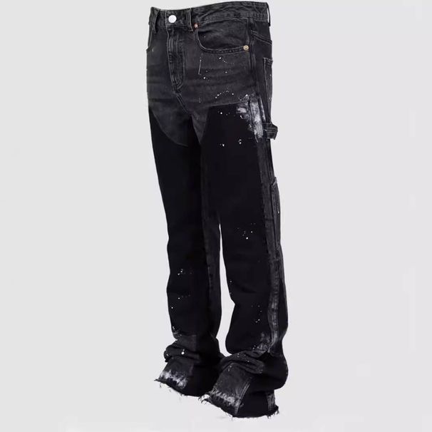 Men's Clothing Men's Denim Workwear Pants, European And American Fashion Ins Workwear, Popular Elastic Patch Denim Layered Flared Pants_mkmklike.com