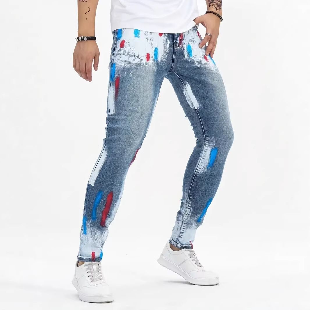 HME Men's Slim Fit Skinny Jeans Casual High Street Splatter Print European American Style for Cross Border TEMU TIKTOK_mkmklike.com