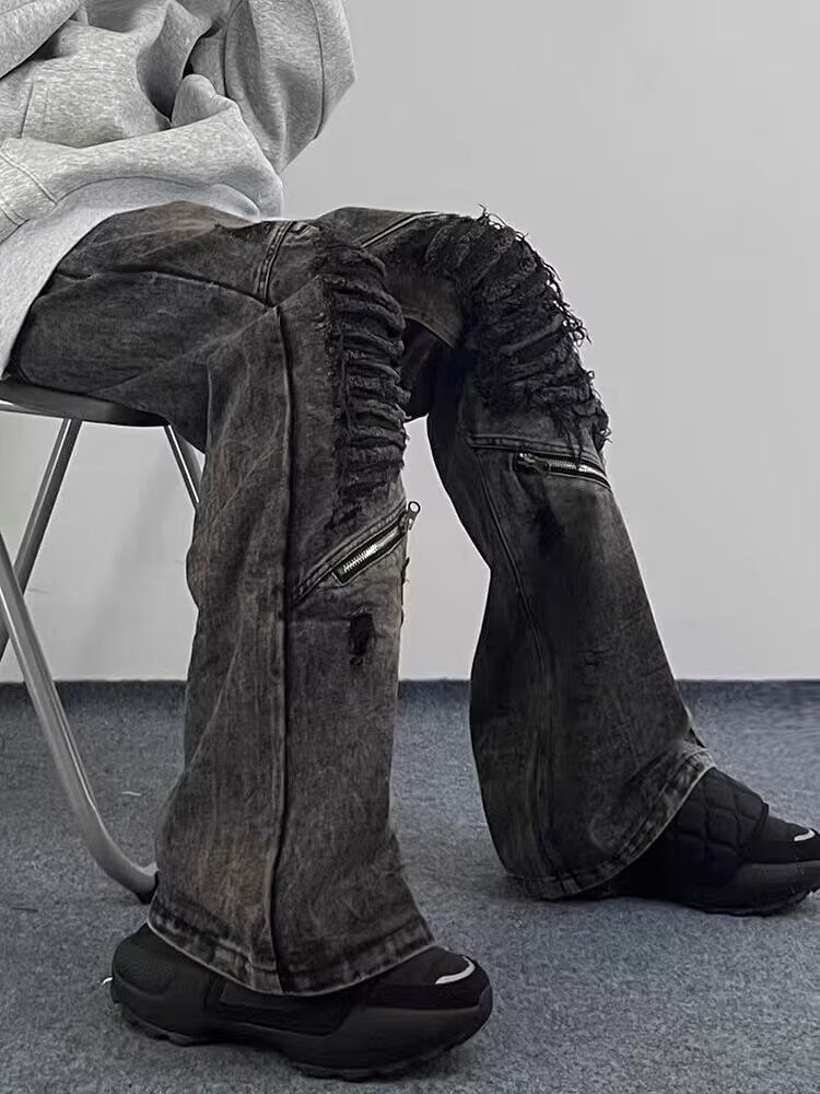 High End Fashion Ripped Jeans For Men Loose Fit Slim Fit Casual Long Pants Black Gray New Spring Summer Style_mkmklike.com