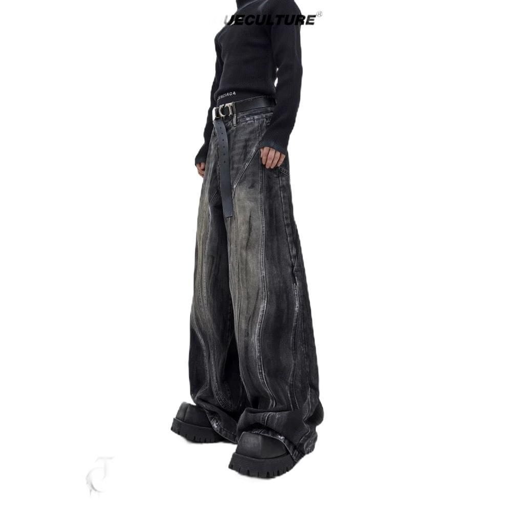 Men's Clothing Retro Distressed Wide Leg Loose Fit Jeans High Waisted Hand Painted Design Casual Pants For Men Spring Autumn_mkmklike.com