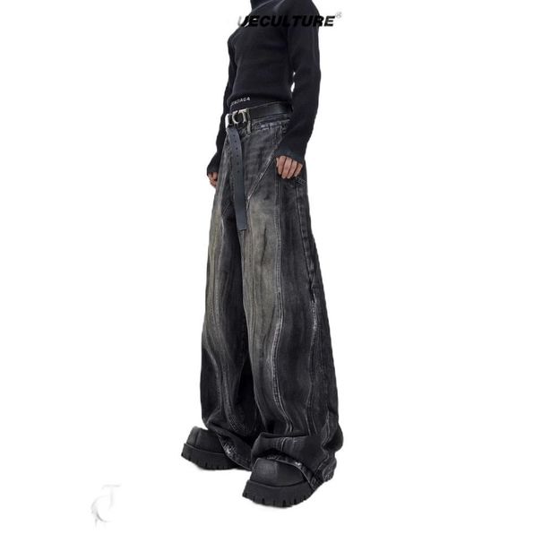Men's Clothing Retro Distressed Wide Leg Loose Fit Jeans High Waisted Hand Painted Design Casual Pants For Men Spring Autumn_mkmklike.com