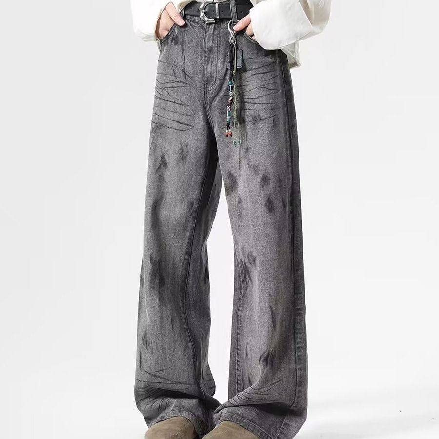 American Style Wasteland Tie-Dye Jeans For Women, Autumn 2024 New Loose Lazy Relaxed Floor-Length Pants_mkmklike.com