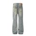 Ripped Knee Jeans Men's Trendy Punk Vintage Dyed Mud Yellow Loose Casual Flared Wide-Leg Pants_mkmklike.com