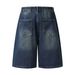 Men's Clothing Zipper Denim Shorts Loose Retro Distressed Blue Straight Shorts_mkmklike.com