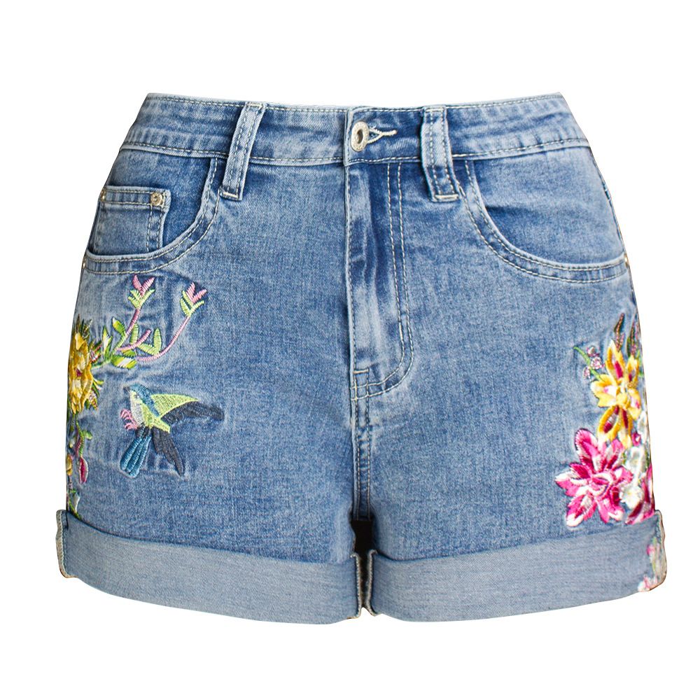 Women's Clothing Wide Leg Elastic Shorts Plus Size Women's Clothing 3d Heavy Embroidery Flower Denim Shorts For Women_mkmklike.com