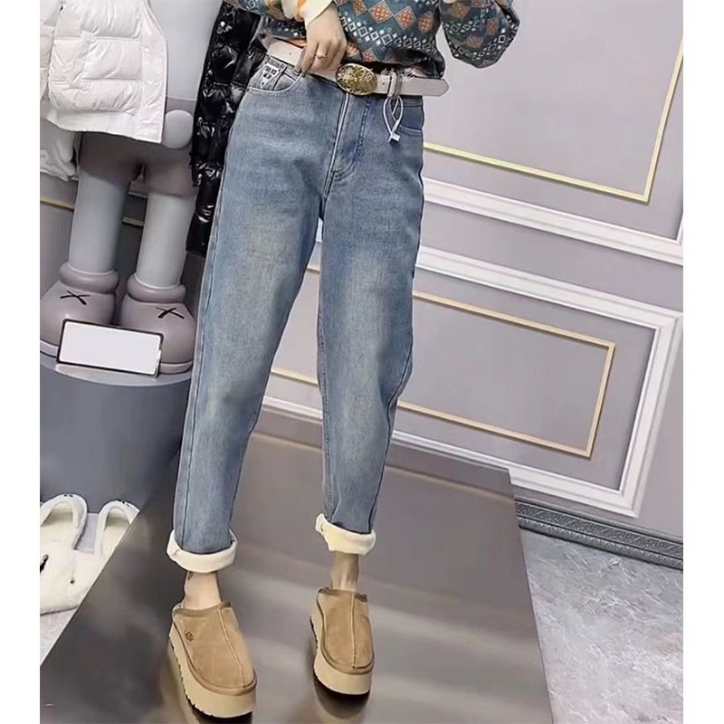 Plus Size Fleece-Lined Thickened Stretch Straight-Leg Jeans For Women Winter Loose Slimming High-Waisted Dad Harem_mkmklike.com