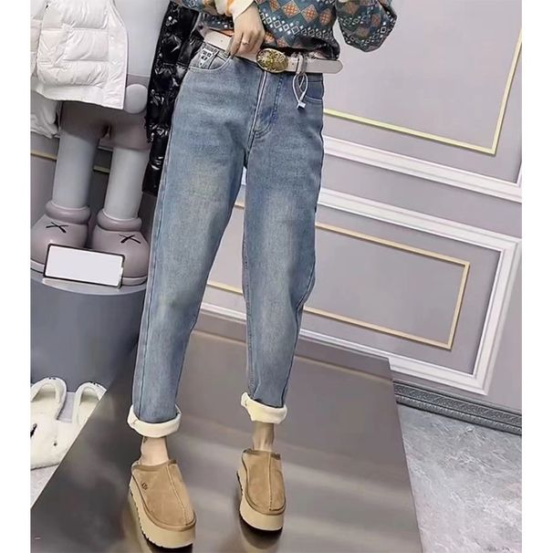 Plus Size Fleece-Lined Thickened Stretch Straight-Leg Jeans For Women Winter Loose Slimming High-Waisted Dad Harem_mkmklike.com