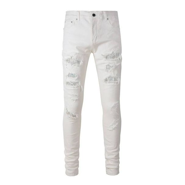 Men's Clothing High Street White Diamond Jeans For Men And Women Trendy American Style All-match Slim Straight Ripped And Scratched Skinny Trousers_mkmklike.com