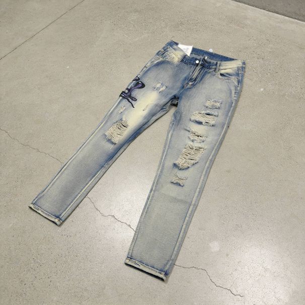 Men's Clothing Gray Distressed Embroidered Jeans, Trendy Stretch Slim Fit, American High Street Style Trousers_mkmklike.com