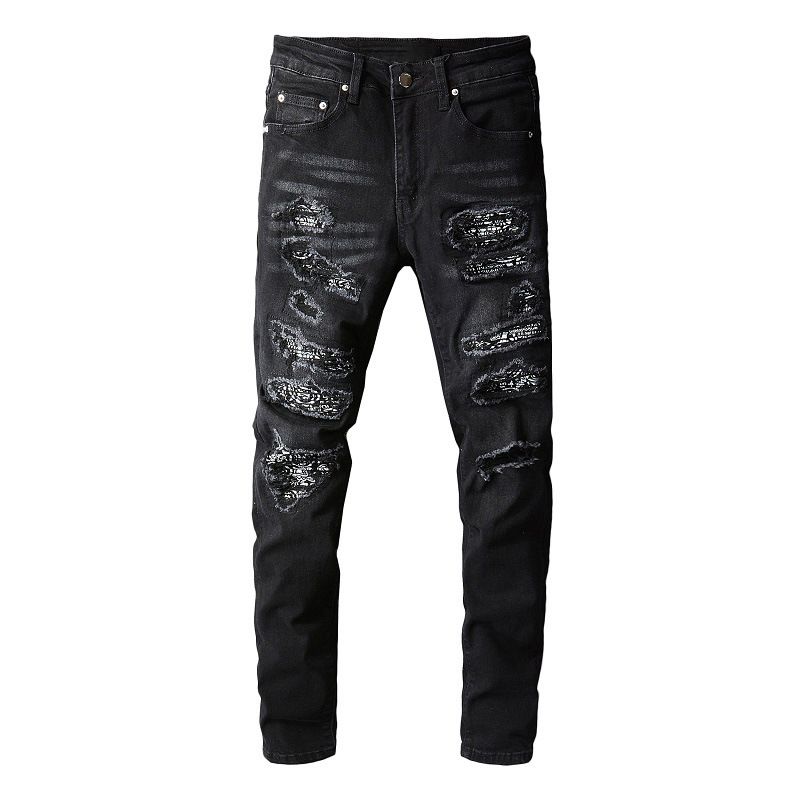 Men's Clothing Fashion Street Cashew Flower Patch Men's Jeans Men's Black Jeans Men 8669_mkmklike.com