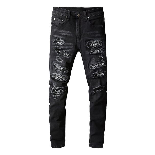 Men's Clothing Fashion Street Cashew Flower Patch Men's Jeans Men's Black Jeans Men 8669_mkmklike.com