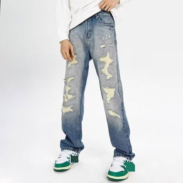 Men's American High Street Style Washed Distressed Patched Jeans Loose Straight Leg Flared Trousers Casual Trendy Midweight Cotton_mkmklike.com