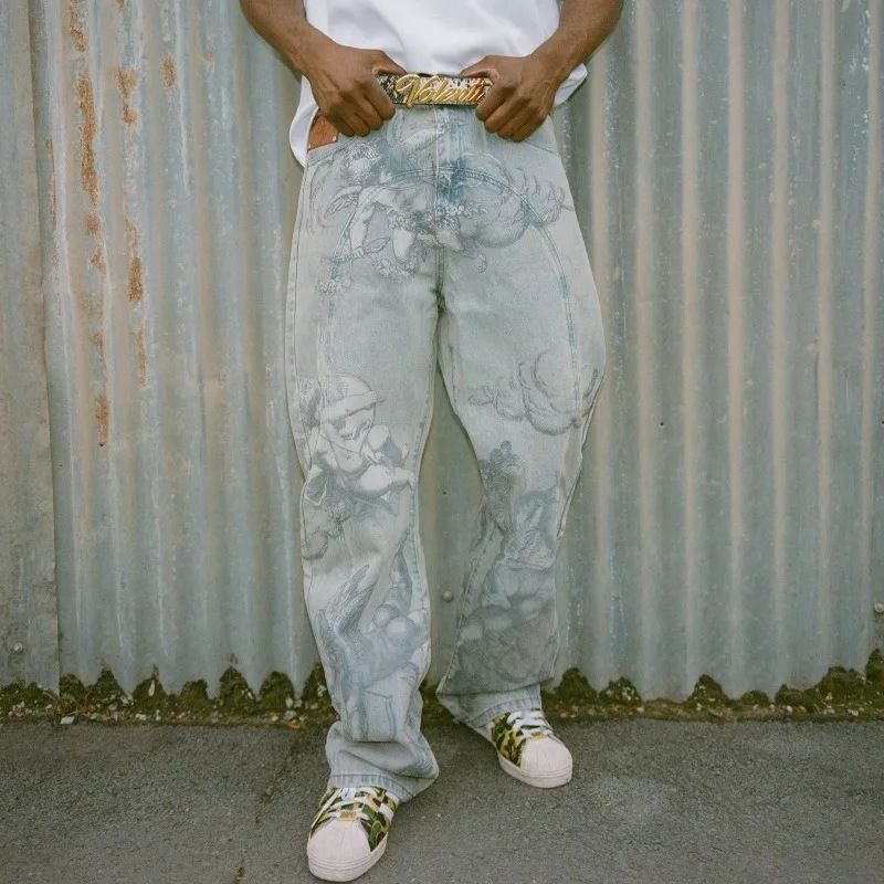 Men's Clothing Men's High Waist Retro Loose Fit Jeans Cupid Angel Print Street Style Trousers Fashion For Formal & Casual_mkmklike.com