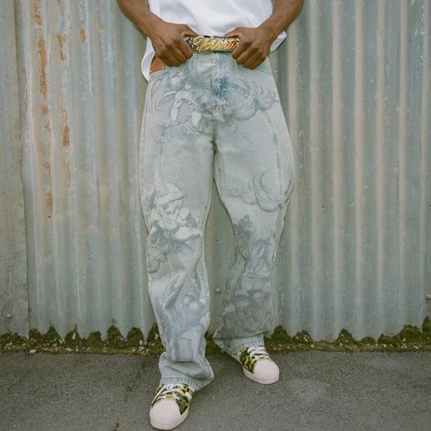 Men's Clothing Men's High Waist Retro Loose Fit Jeans Cupid Angel Print Street Style Trousers Fashion For Formal & Casual_mkmklike.com