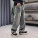 Men's Vintage Workwear Jeans Distressed Washed Blue Relaxed Straight Fit Utility Pockets Raw Hem Denim_mkmklike.com