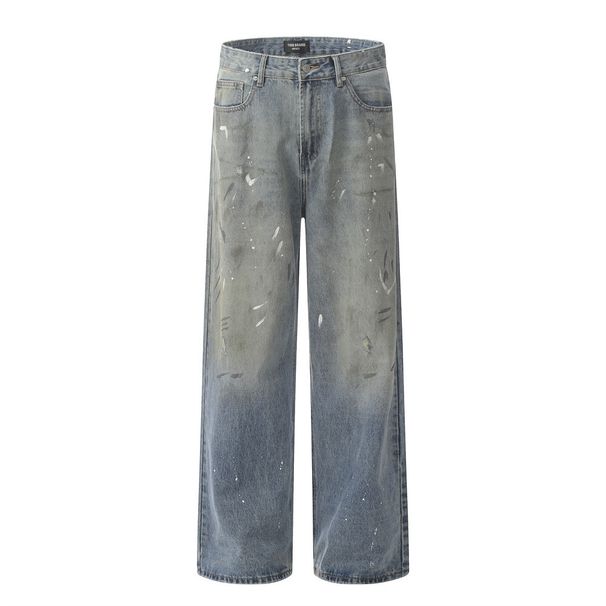 Street Style Vintage Ink Splash Painted Jeans For Men, Unique Design, Niche Vibe, Trendy Stained Wide-Leg Straight Pants_mkmklike.com