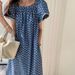 ELLE Korean Retro Loose Fit Denim Print Puff Sleeve Dress Long Thin Style_mkmklike.com