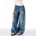 Spring And Autumn American High Street Retro Design Patch Splicing Printed Jeans Men's And Women's Loose Straight Wide-leg Trousers_mkmklike.com