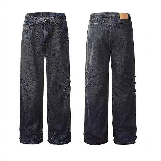Vintage Distressed High-Waisted Straight Leg Jeans With American Streetwear Style - Trendy Ruffle & Washed Denim For Men & Women_mkmklike.com