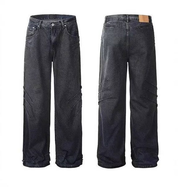 Vintage Distressed High-Waisted Straight Leg Jeans With American Streetwear Style - Trendy Ruffle & Washed Denim For Men & Women_mkmklike.com