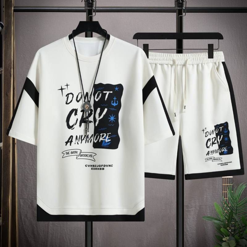 Men's Clothing Short-sleeved T-shirt men's two-piece set mid-sleeve hot sale 2024 new style trendy five-point sleeve top casual suit pure cotton_mkmklike.com