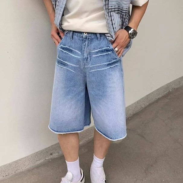 Men's Clothing Retro Whisker Design Washed Blue Jeans Men's Loose Straight Wide Leg Five Point Pants Trendy_mkmklike.com