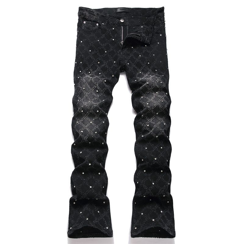 Punk Rock Stretch Jeans – Black Studded & Embroidered Flare Fit (29-38, Gothic Revival, Skinny Tapered Leg, Distressed Cotton, Unisex Streetwear)_mkmklike.com