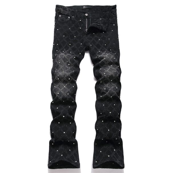 Punk Rock Stretch Jeans – Black Studded & Embroidered Flare Fit (29-38, Gothic Revival, Skinny Tapered Leg, Distressed Cotton, Unisex Streetwear)_mkmklike.com