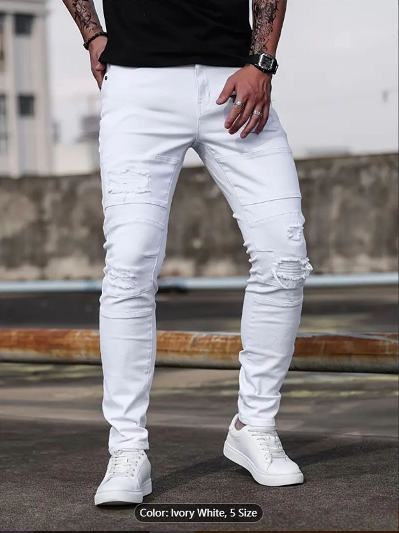 High Street Slim Fit Stretch Denim Jeans for Men Casual Skinny Jeans White Comfortable Elastic Fabric_mkmklike.com
